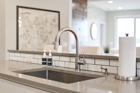Modern kitchen with stainless steel sink and faucet, subway tile backsplash, and practical countertop items.