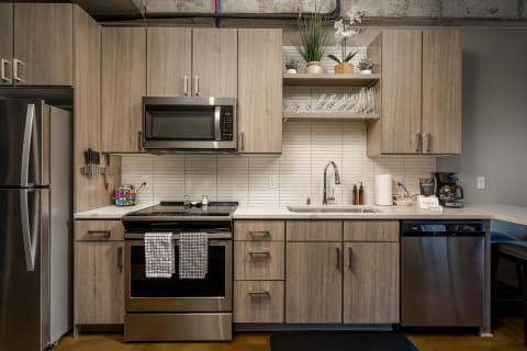 Contemporary kitchen with light wood cabinets, stainless steel appliances, and decorative plants on shelves.