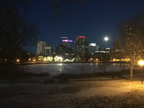 A nighttime view of a frozen pond in a riverside park with a vibrant city skyline lit by a full moon.